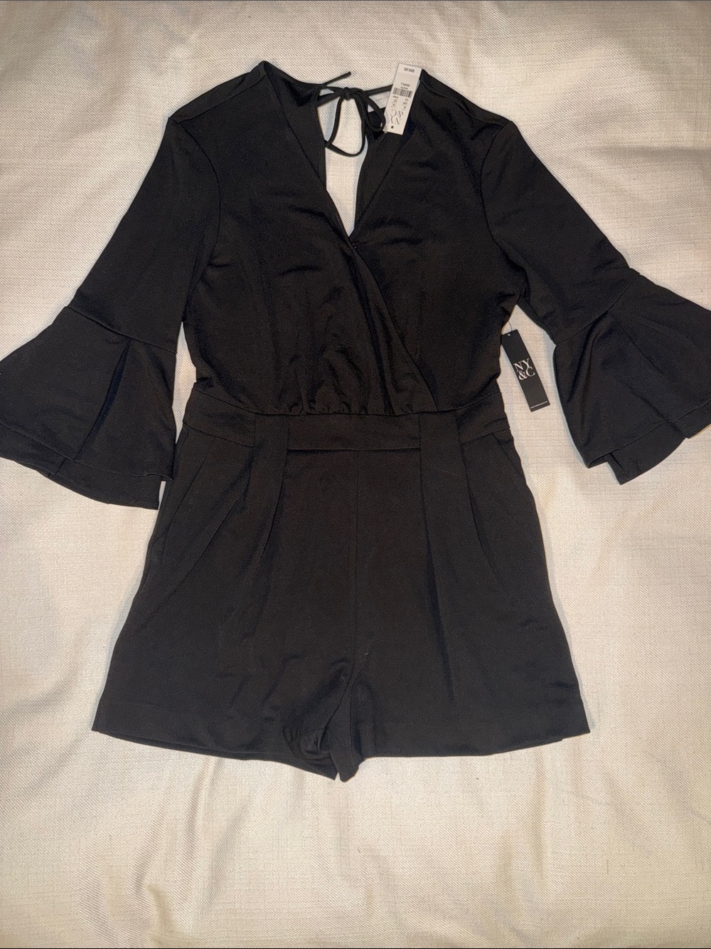 New York & Company Black Bell-Sleeve Wrap Romper